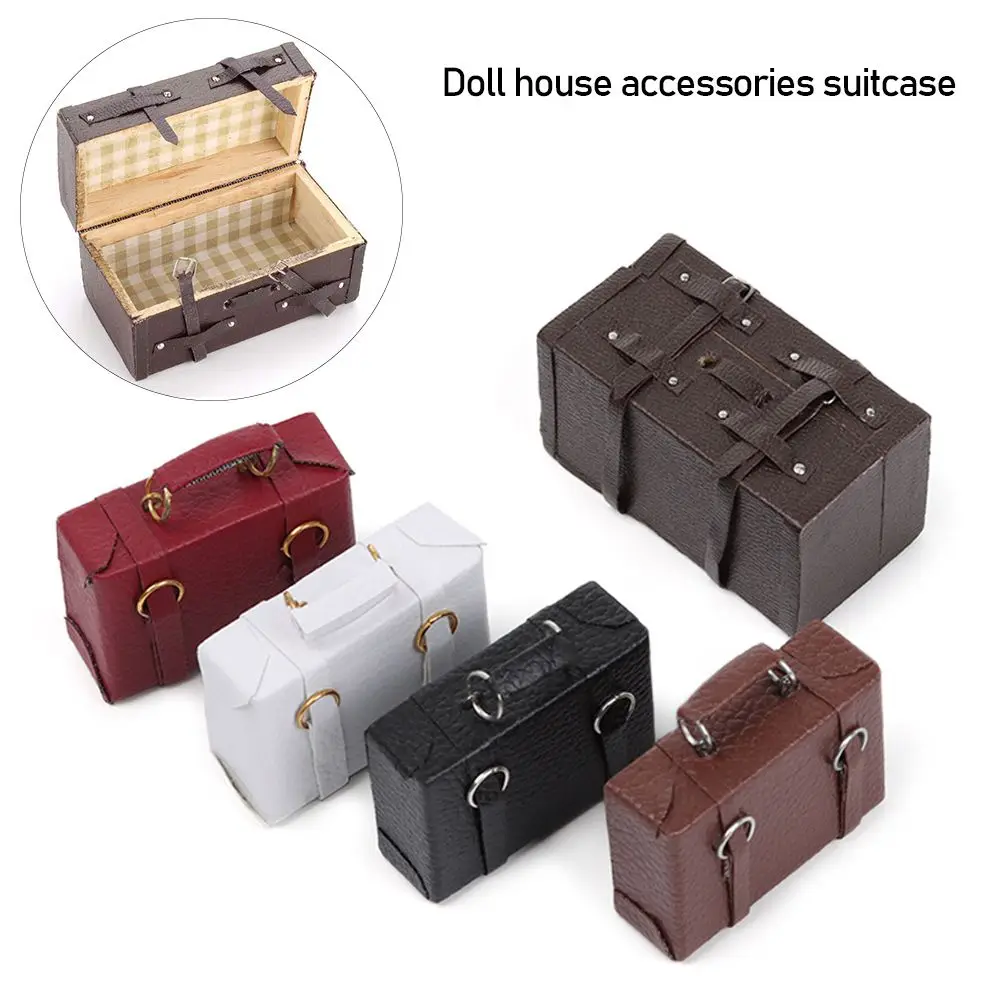 1pcs 1/12 Dollhouse Miniature Vintage Leather Wood Suitcase Mini Doll Luggage Box Pretend Play Furniture Toys Accessories