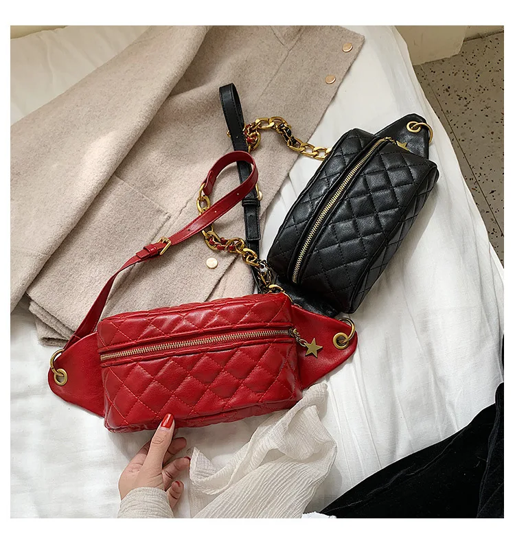 JI HAO Brand Design Diamond Lattice Shoulder Bags Female PU Leather Chains Solid Chest Bag For Women Ladies Fashion Waist Bags