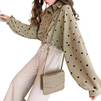 

Women Korean Style Turn-down Collar Loose Casual Polka Dot Pattern Blouse Sweet Long-sleeved Shirt Lady Ins Style White Green