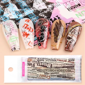 

10pcs Nail Slider Transfer Foil Newspaper Design Nail Art Decals Adhesive Florals Letters Polish Manicure Full Wraps JI1565-1