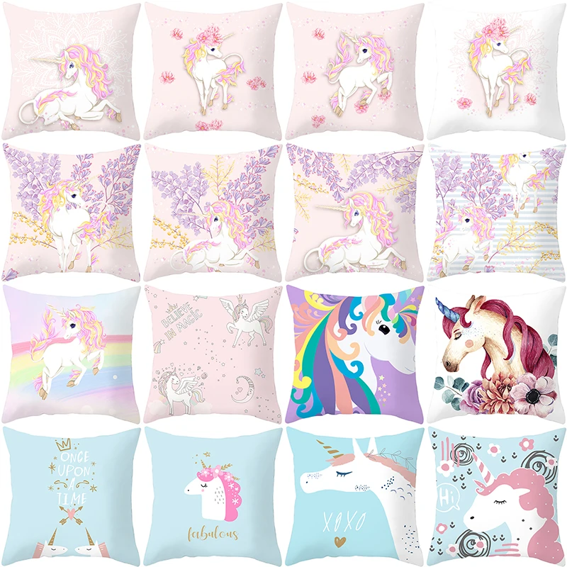 

Unicorn Printed Cushion Cover Pink Flower Animal Throw Pillow Cover Polyester Peachskin Sofa Office Home Decor Pillowcover Case