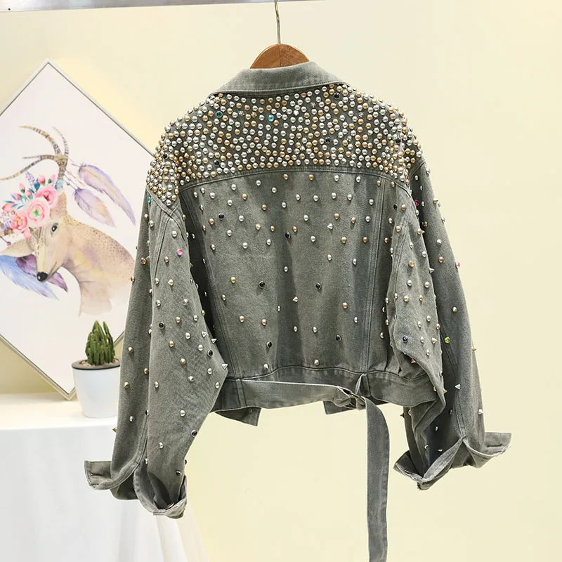 Autumn Short Denim Jacket for Women New Hand-studded Rivet Diamond Jeans Jacket Female Loose Coat Casaco Feminino