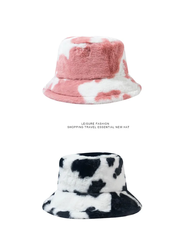 Women Winter Thick Warm Travel Fishing Fisherman Flat Top Hat Cow Pattern Polyester Imitation Rabbit Fur Knit Bucket Cap R98 cow bucket hat