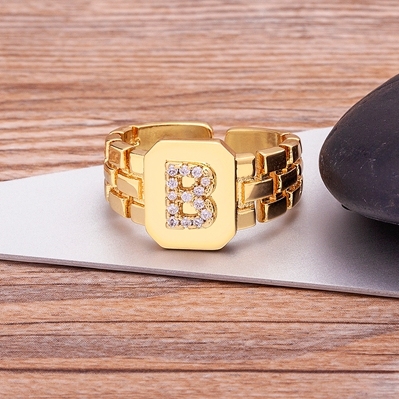 Arrival Fashion Gold Color Initial Ring Open Design Adjustable Hot Sale Watchband Chain A-Z Letters Zircon Rings For Women