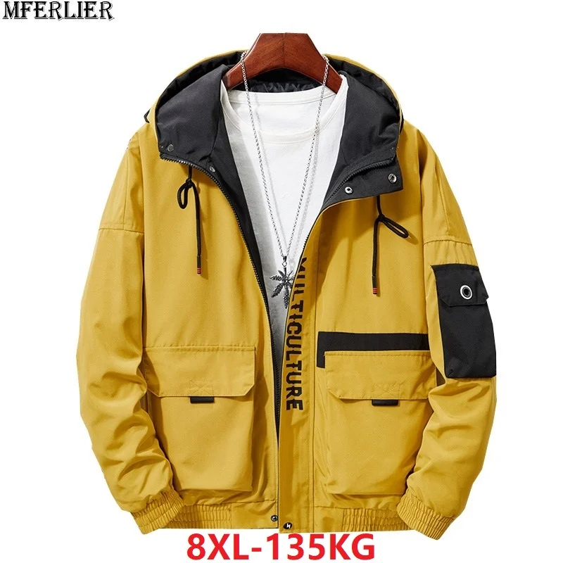 Большие размеры 6XL 7XL 8XL мужские куртки в Корейском стиле в стиле пэчворк уличная куртка с капюшоном осеннее тонкое пальто на молнии с буквенным карманом