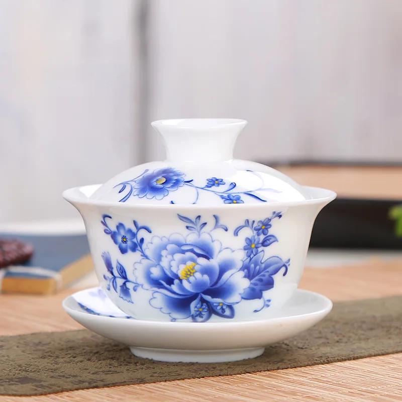 High grade white porcelain Gaiwan ceramic tea set Sancai cover bowl blue and white tea set bowl 150ml