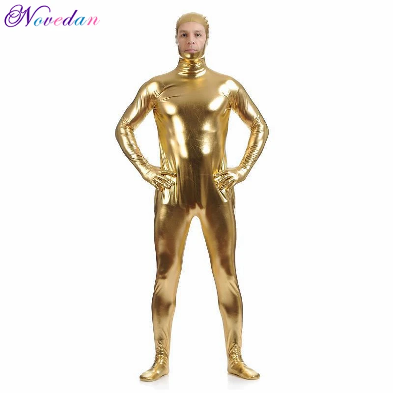 Men Metallic Wetlook Latex Open Face One Piece Bodysuit Zentai Suit Shinny Faux Leather Catsuit Fetish Cosplay Costume Club Wear