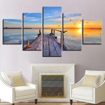 

Canvas Prints Posters Home Decor Framework 5 Pieces Bridge Sunrise Seascape Paintings Modular Sunset Lake Pictures Wall Art