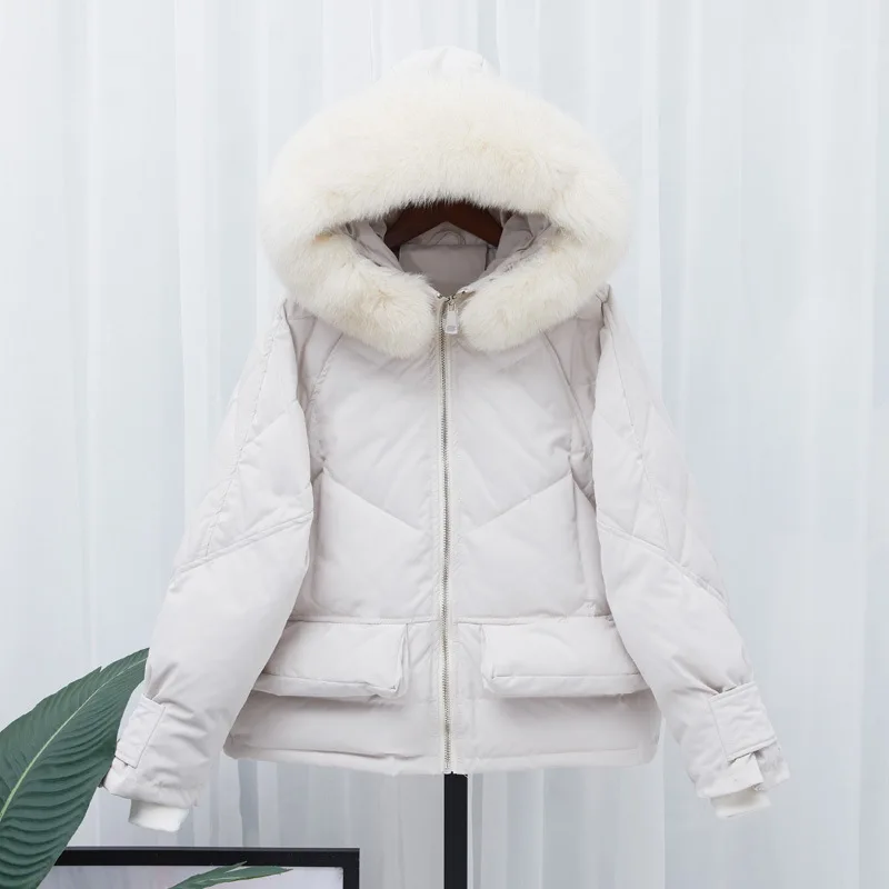 

Online Celebrity Small Chili Hot Selling down Jacket Women's Short-height Short Hooded Loose-Fit down Feather Large Fur Collar C