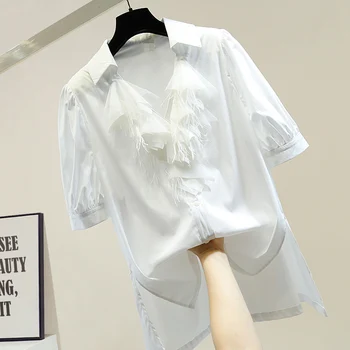 

Fashion Mesh Stitching Feather Tassel V-neck Blouse for Women Irregular Side Slit Long Loose Female Shirt Ladies Tops Blusas