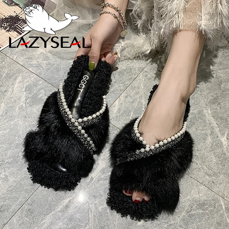 LazySeal с прямым валиковым швом; пушистые тапочки Для женщин настоящая Pabbit меховые вьетнамки женские Ползунки с жемчугом; шлепанцы без задника с открытыми пальцами на плоской подошве-тапочки на подошве, женские сапоги на меху