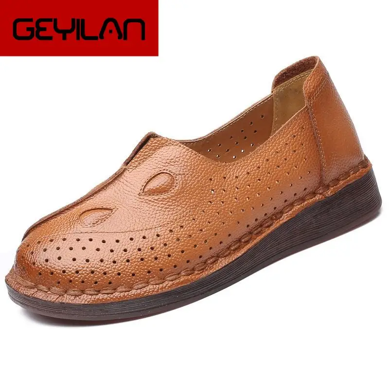 

GKTINOO Summer Retro Hollow Slip-On Flat Women'S Shoes Genuine Leather 2019 Hole Breathable Soft Loafers Flats Shoes Woman Flat