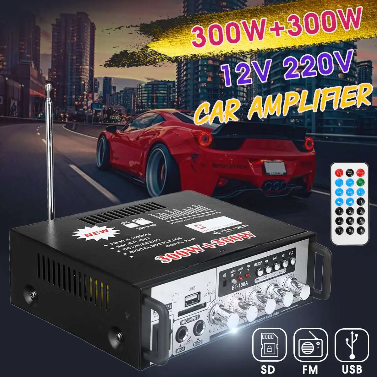 

White 600W DC12V Audio Power Amplifiers bluetooth Amplifier Subwoofer Home Theater Sound Car Mini Amplifier Stereo FM Radio MP3