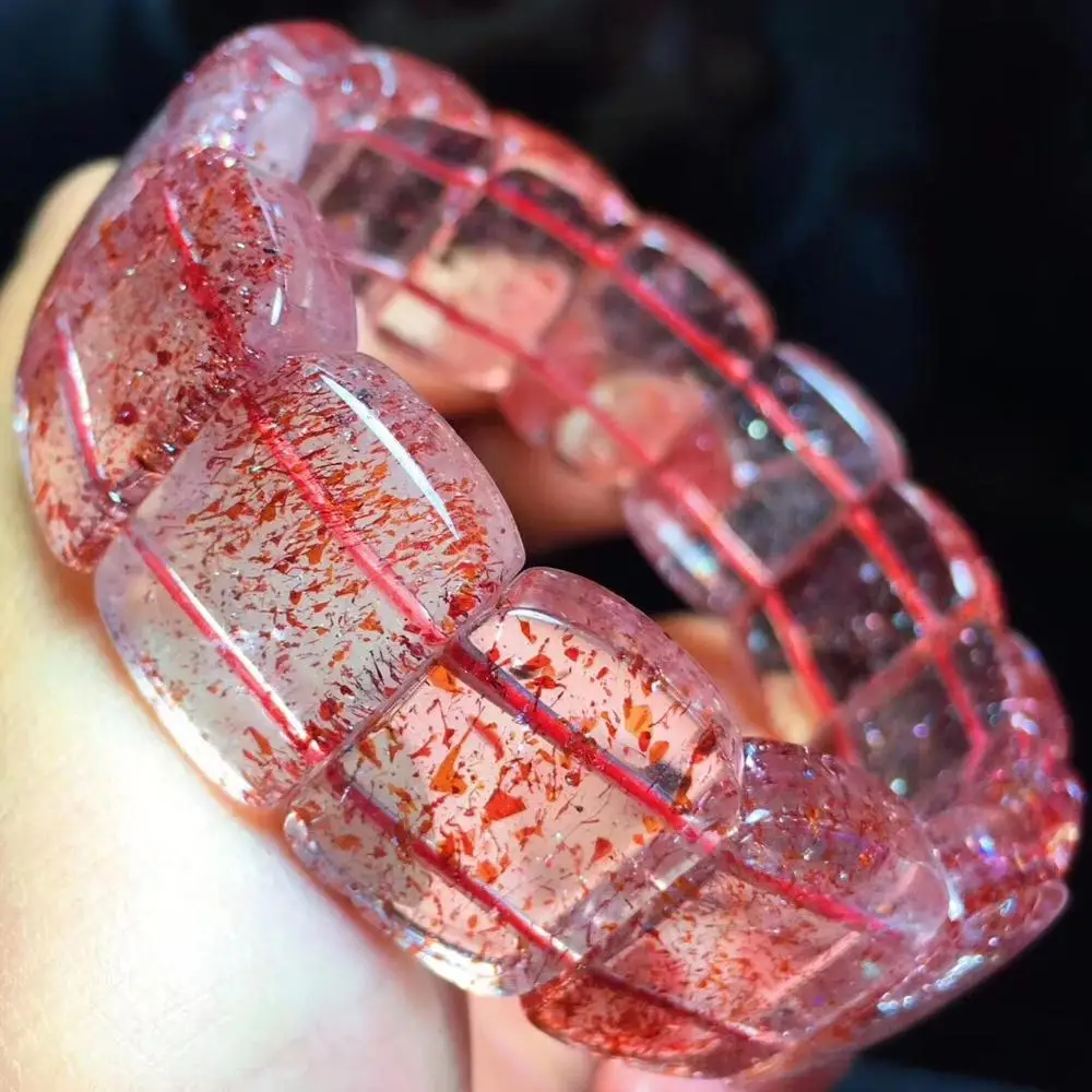 

Genuine Natural Super Seven Melody Bracelet For Women Men Strawberry Quartz 20.3x15.3x6.7mm Rectangle Beads Crystal Bangle AAAAA
