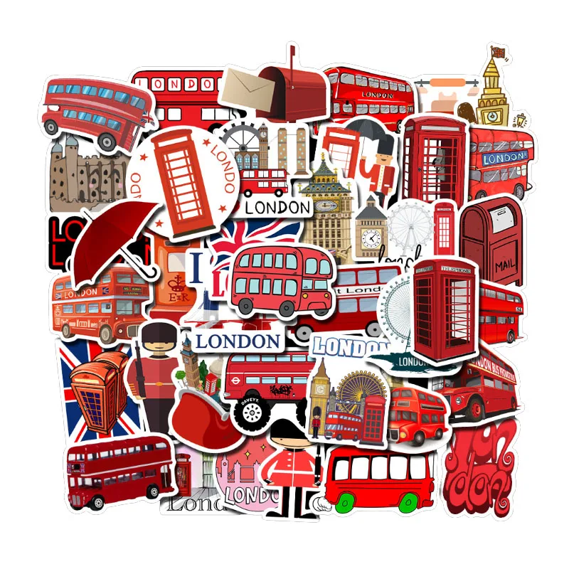 50Pcs England British Transport London Bus Telephone Booth Decorative Stickers Phone Laptop Scrapbook Luggage Bags Accessories