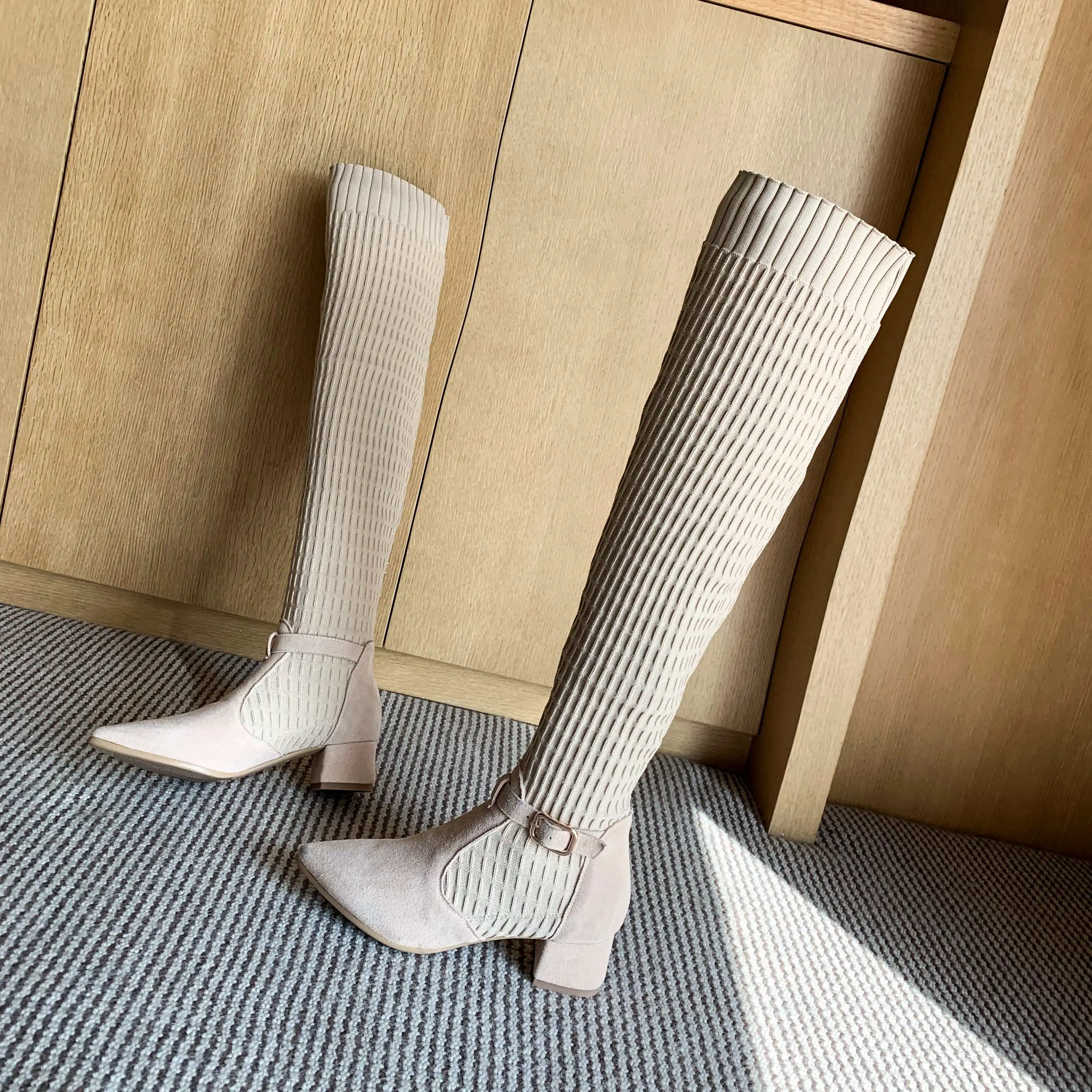 Vichelo Hot Internet star cow suede stretch fabric pointed toe med heels buckle straps winter women warm over-the-knee boots L77