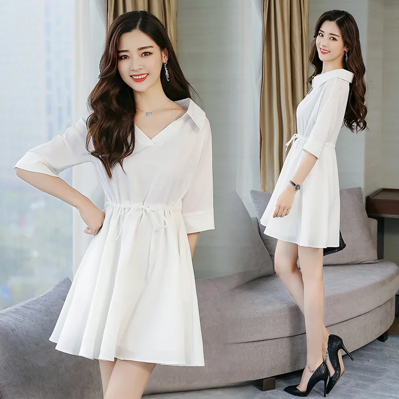 

Dress Women's 2019 Summer New Style Hong Kong Flavor Short Elegant Short-height Solid Color V-neck Elastic Waist Slimming Skirt