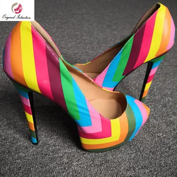 

Original Intention Sexy Stylish Women Pumps Sexy Round Toe Thin Heels Pumps Colorful Fashion Stripe Shoes Woman Plus Size 4-15