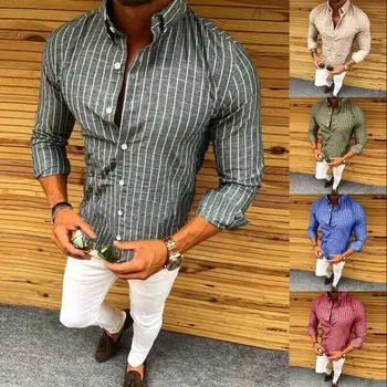 

Luxury Mens Casual t Shirt Long Sleeve Slim Fit Formal striped Shirts Tops