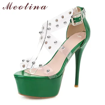 

Meotina Summer Sandals Women Shoes Transparent Platform Thin Heels Shoes Buckle Extreme High Heel Sandals Ladies Plus Size 33-46