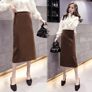 

2020 Fashion Autumn Winter Woolen Women Long Skirts Pockets Korean Style Back Split High Waist A-Line Skirt Female Faldas Mujer