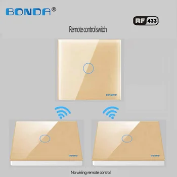 

BONDA EU standard, smart home glass panel 1gang 2Way 433mhz wireless remote wall lamp touch switch ,remote control touch switch