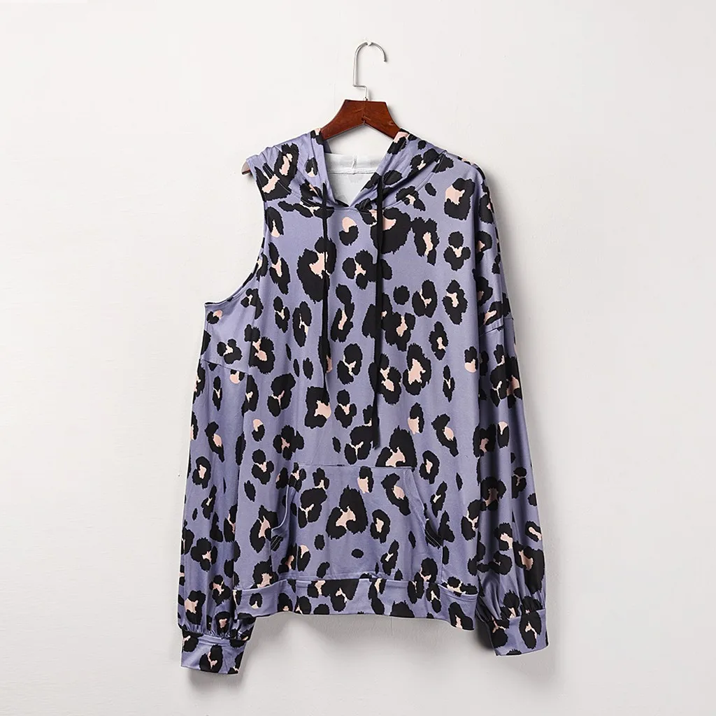 Women Leopard/star/tie-dye Print Sweatshirts Sexy Shoulder Long Sleeve Pocket Drawstring Hoodie Pullover Tops Mujer De Moda