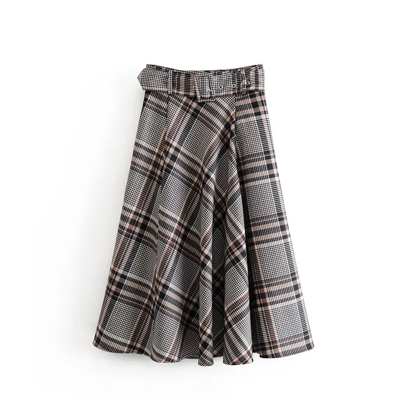 Withered england style vintage elegant high waist sashes plaid midi skirt women faldas mujer moda skirts womensplus size - Цвет: plaid