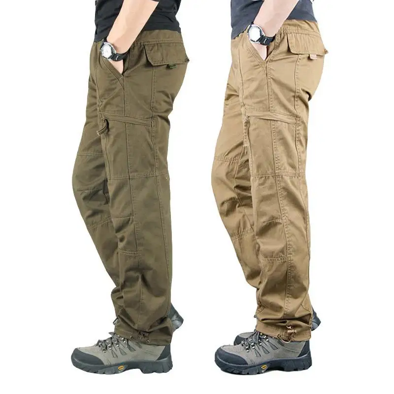Men's Overalls Cotton Pants Utility Multi-pocket Outdoor Sports Casual Loose Straight Military Tactical Cargo Trousers
