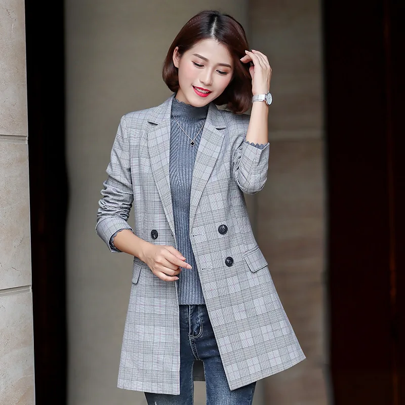 

Mid-length Casual Small Suit Coat WOMEN'S Dress 2019 New Style Korean-style Spring And Autumn Long Sleeve Suit Slim Fit Plaid Su