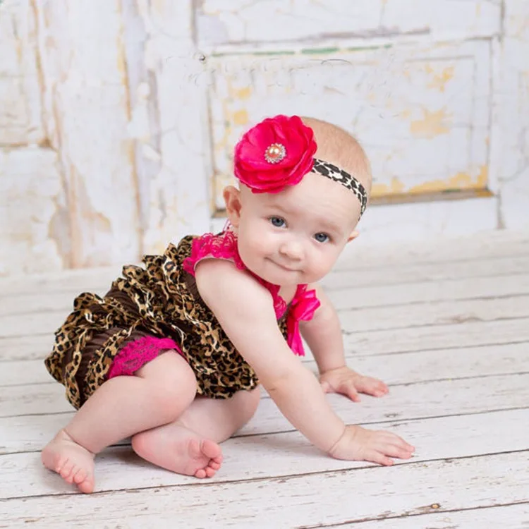 Baby Leopard Satin Ruffles Romper Infant Posh Petti Rompers with Pink Straps and Flower Headband Kids One-piece Jumpsuit 3Pcs