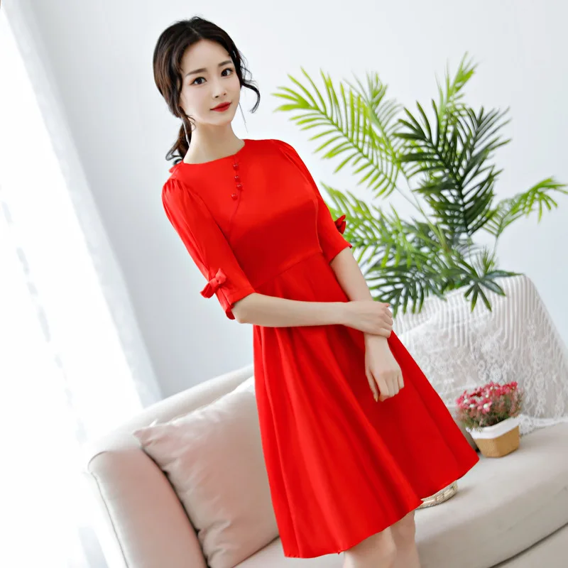 

Summer Formal Woman Round Collar Elbow Sleeve Dresses Imitation Silk Double Red Daily Young Girl Red Dress Cheongsam