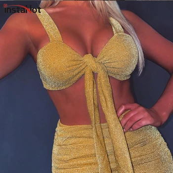 

InstaHot Sexy Lace Up Skirt Women Two Piece Set Summer Bra Ruched Sleeveless Bow Ladies Party Club Shiny Glitter 2 Piece Sets