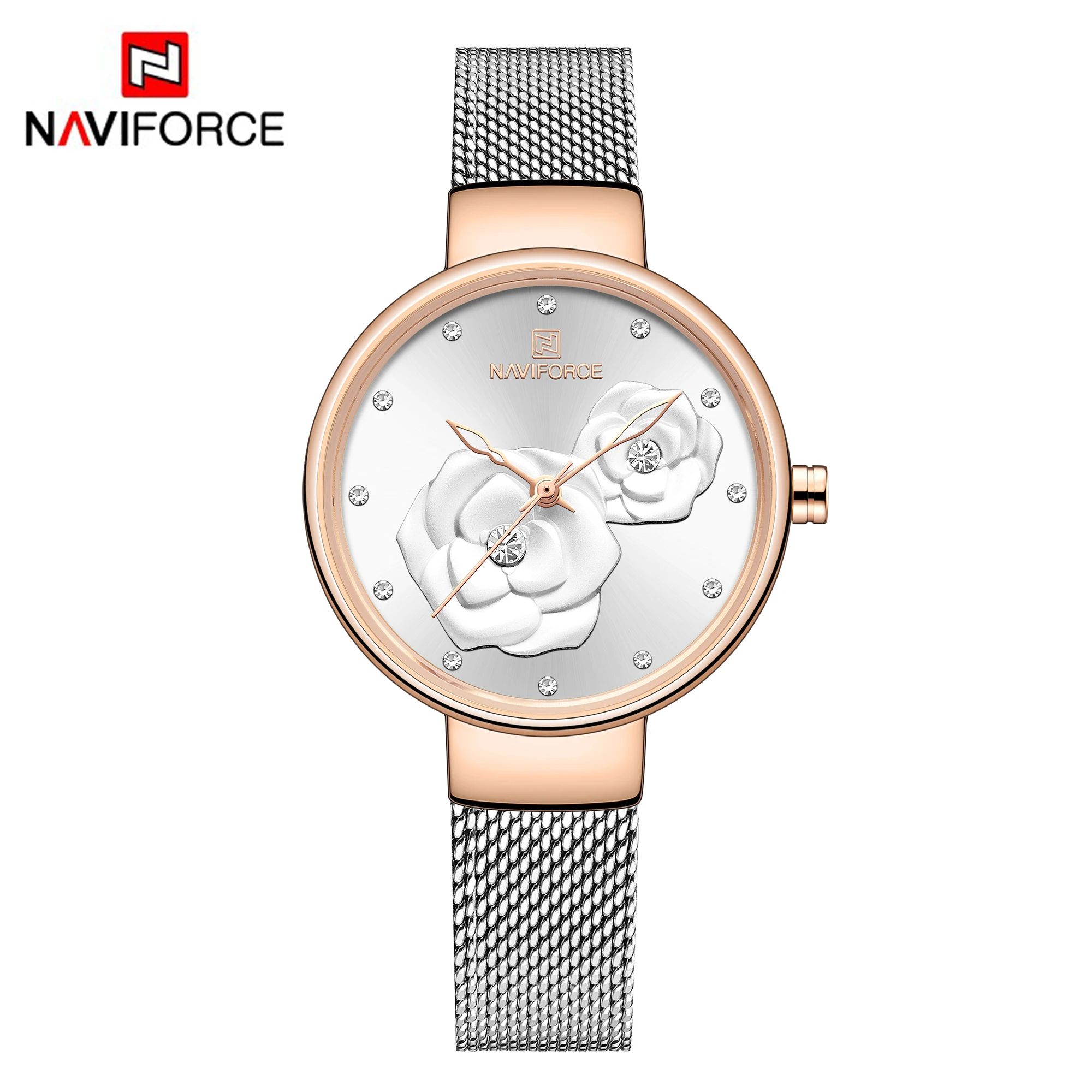 Лидирующий бренд, NAVIFORCE, синие водонепроницаемые наручные часы из нержавеющей стали для женщин, кварцевые часы, женские модные часы с 3D цветочным узором - Цвет: White