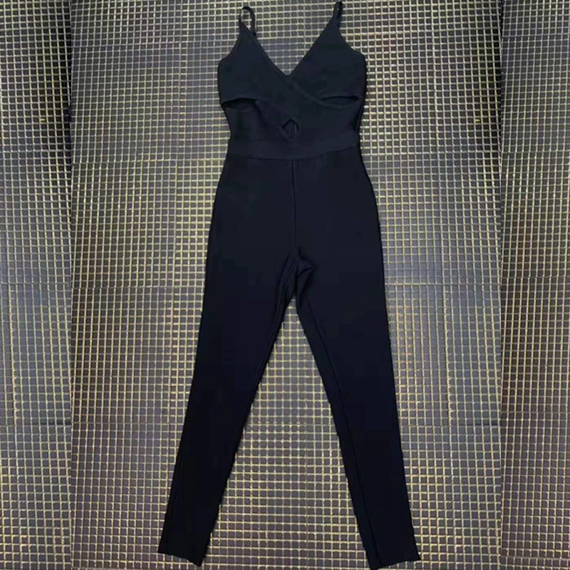 Черный сексуальный комбинезон на бретельках с вырезами, Облегающий комбинезон с v-образным вырезом, Клубные однотонные летние вечерние комбинезоны без рукавов для женщин