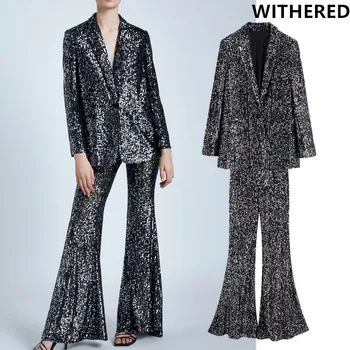 

Withered england sexy Christmas party sequins shine blazer women blazer mujer 2019 women flare pants women trousers 2 pieces set