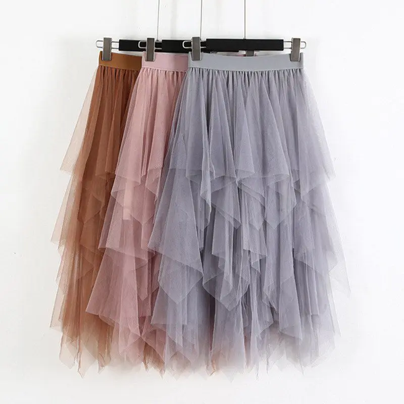 Women Pink midi skirt High Waist Solid Color Irregular Women skirt  Mesh Stitching  A-line Long Paragraph Skirt Student clothes