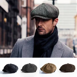 Men Berets Retro Artificial Wool Herringbone Tweed Newsboy Hat Tweed Blend Casual Flat Cap Shelby Father Boys Hat Winter Warm