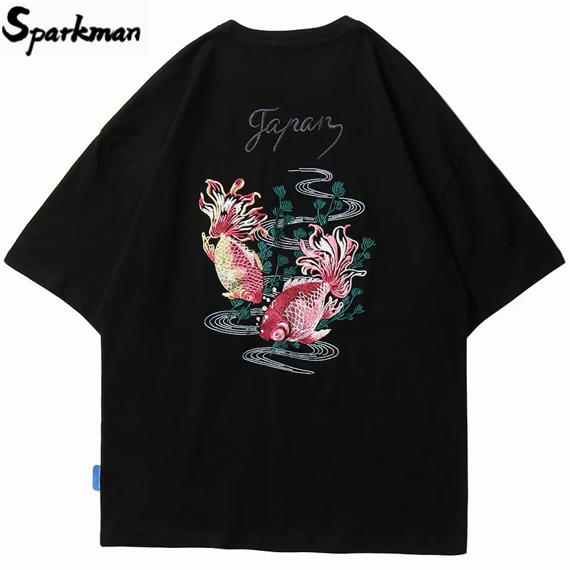 

Hip Hop T Shirt Men 2020 Streetwear Harajuku Koi Fish Embroidery Tshirt Cotton Summer Short Sleeve T-Shirt Casual Black Tops Tee