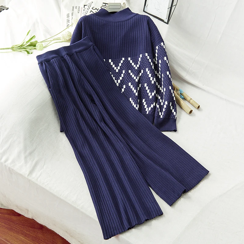 Herfst Vrouwen Mode Gebreide Trui Wave Strepen Losse Trui Pakken & Lange Losse Broek Dames Coltrui Lange Mouwen 2 stuks set Herfst Vrouwen Mode Gebreide Trui Wave Strepen Losse Trui Pakken & Lange Losse Broek Dames Coltrui Lange Mouwen 2 stuks set