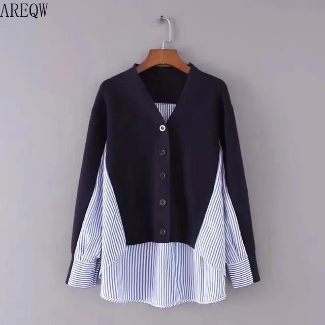 Spring and Autumn New Tide Net Red Shirt Stitching Fake Two Knitted Cardigan Women's Foreign Style V-neck Sweater Coat