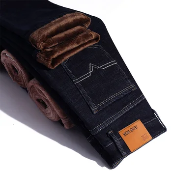 

2020 Mens Regular Fit Warm Thick Fleece Jeans Pants Classic Jeans Male Jeans Embroidery Trousers Casual Straight Denim Pants
