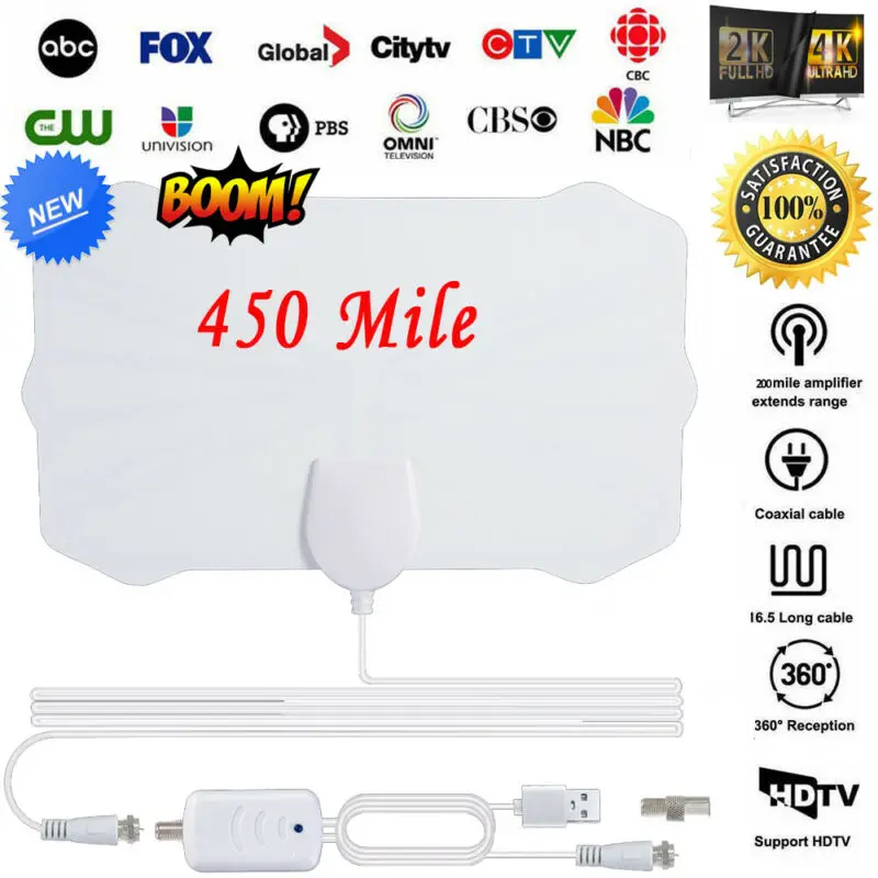 Крытый 450 Mile ТВ антенна цифровой Skywire HD 1080P 4K 13ft коаксиальный кабель с усилителем
