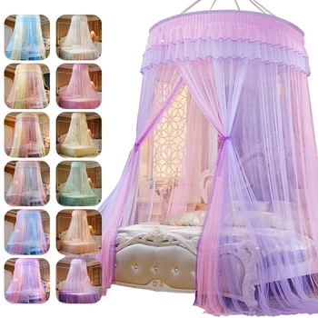 

Bed Canopy Hung Mosquito-proof Net Round Top Princess Bed Tent Curtain Foldable Canopy On The Bed Elegant Fairy Lace Dossels