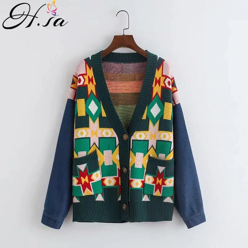 

H.SA Women Sweater and Cardigans V neck Single Breasted Patchwork Jeans Pacthwork Cardigans Oversized Knit Winter Sweater Coat