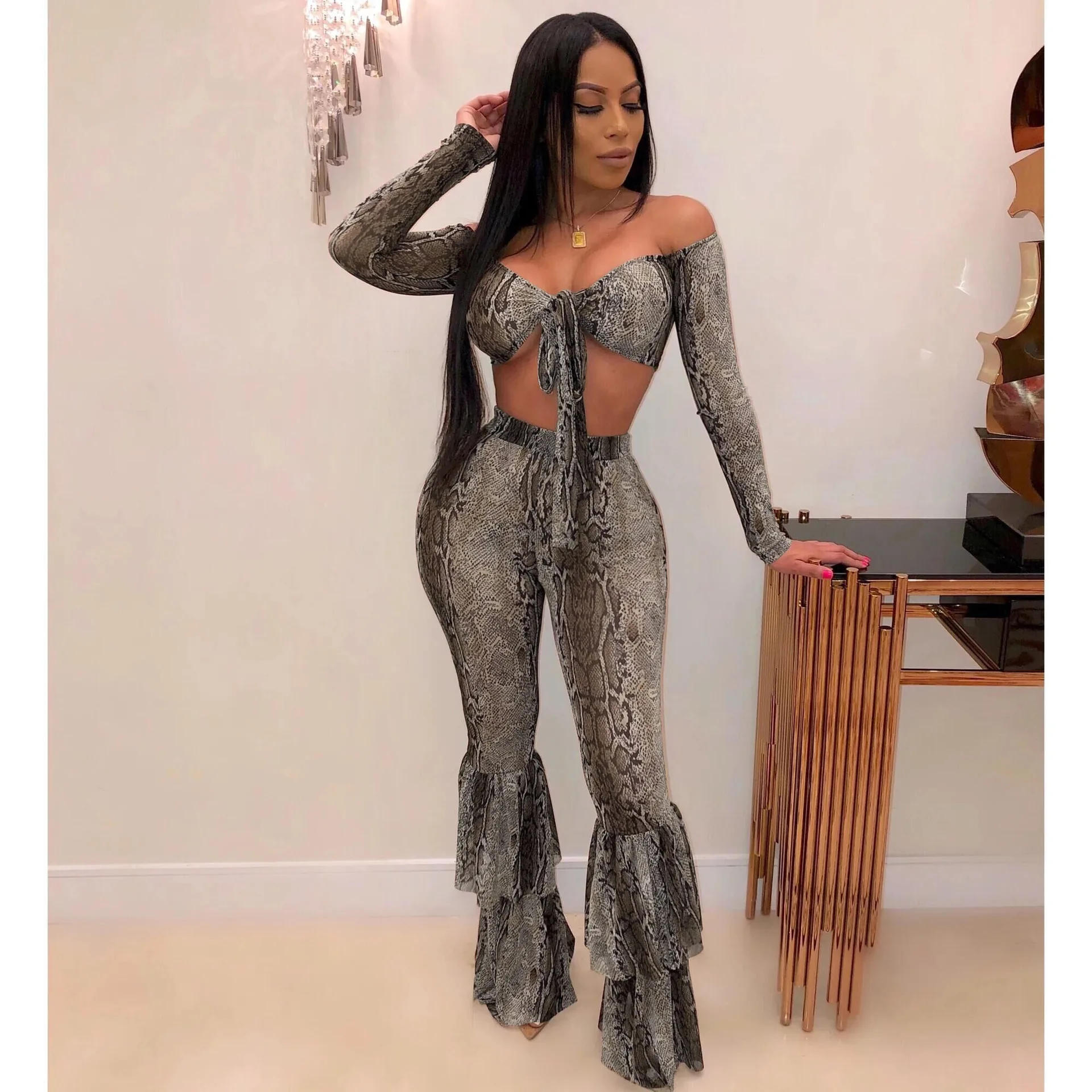 

Autumn Fashion Novel Design Club Streetwear Long-sleeve Women's Sexy Snake Print Flared Pants Two-pieces Suit