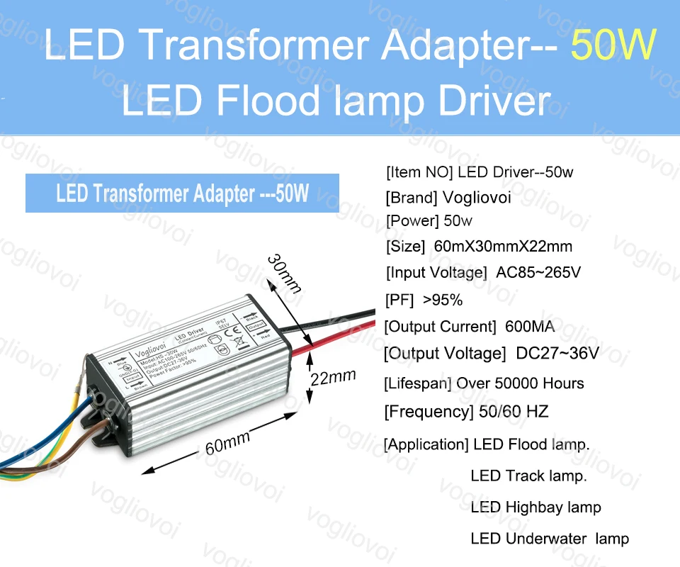 Vogliovoi светодиодный трансформатор 50 Вт низкий ток для прожектора HighBay AC110V AC220V алюминиевый IP67 Светодиодный адаптер трансформатора