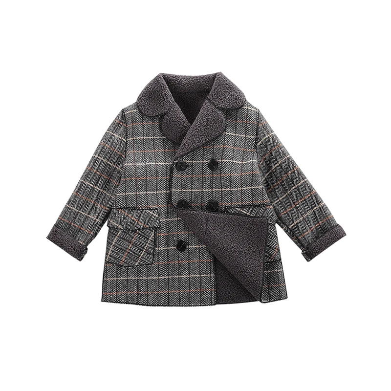 Boys Velvet Woolen Jacket Outerwear Autumn Winter New Children's Woollen Overcoat Little Kids Thick Medium-Long Trench Coat B327