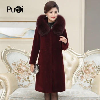 

PUDI C306303 women winter classic 100% real wool overcoat warm jacket real fox fur collar girl coat lady Long jacket overcoat