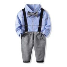 Милый комплект одежды для маленьких мальчиков, Красивый джентльменский дизайн, рубашка в клетку с длинными рукавами и бантом+ брюки с подтяжками, комплект из 3 предметов B